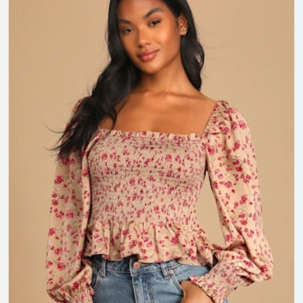 Altar'd State Rose Taupe Floral Print Smocked Long Sleeve Top NEW